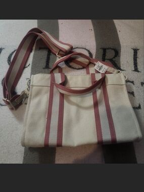 Victoria's Secret Cream Crossbody Tote with Pink Stripes